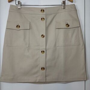 LOFT Outlet Women’s Beige Khaki A-Line Mini Skirt Button Front Size 12 Stretch